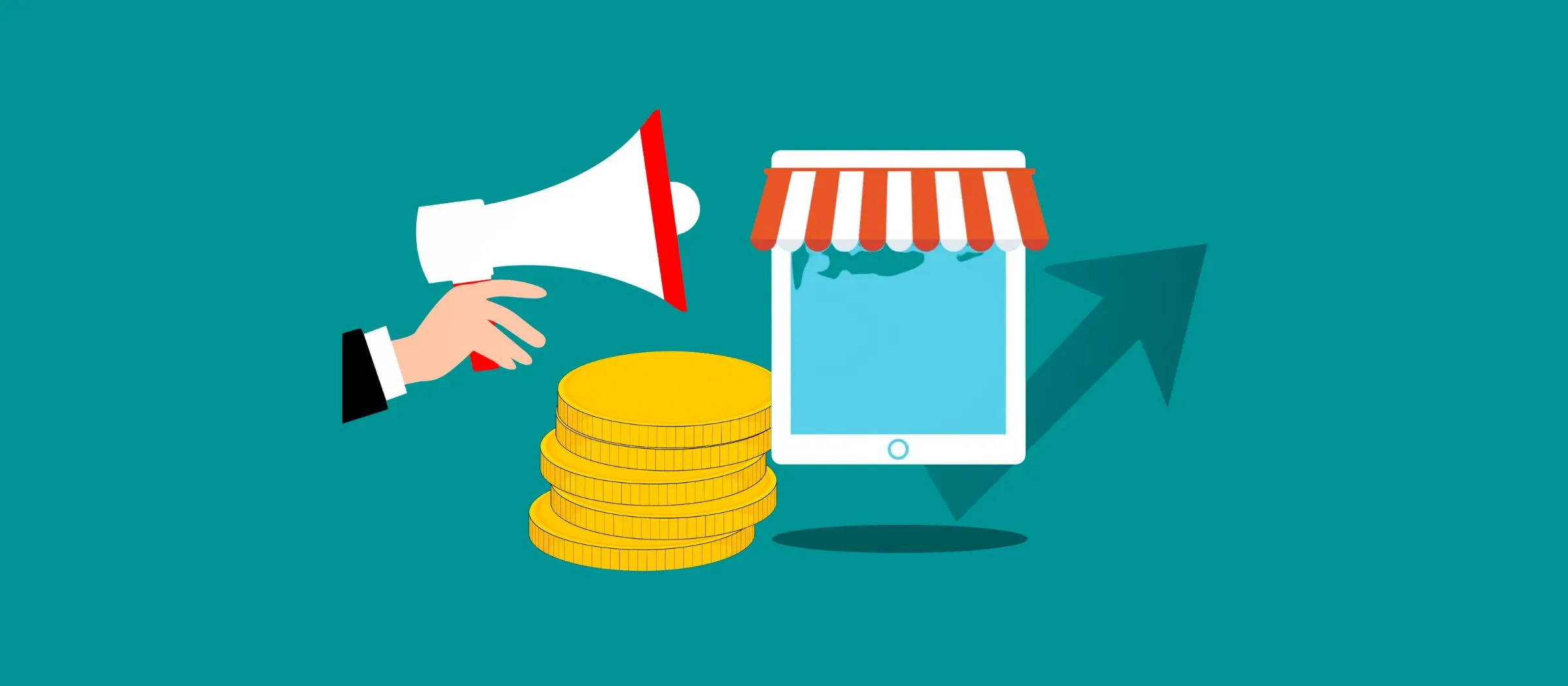 Illustration eines Megafons, das Werbung für einen Onlineshop macht, mit Münzstapel und Wachstumspfeil.