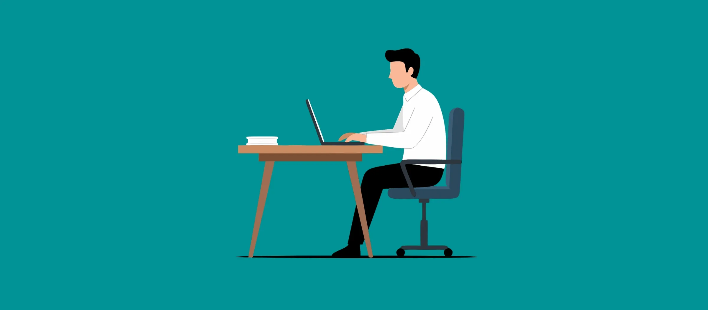 Illustration: Eine Person sitzt an einem Schreibtisch und tippt auf einem Laptop, daneben ein kleiner Papierstapel, vor türkisfarbenem Hintergrund.