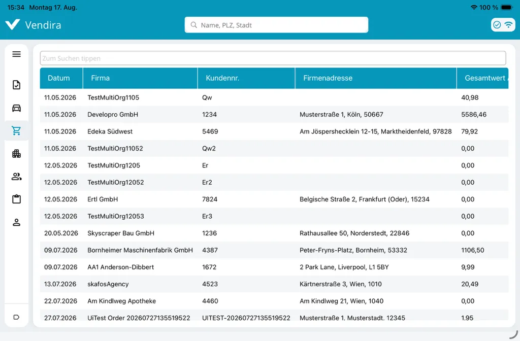 Liste offener Aufträge in Vendira mit Datum, Firma, Kundennummer, Firmenadresse und Gesamtwert.