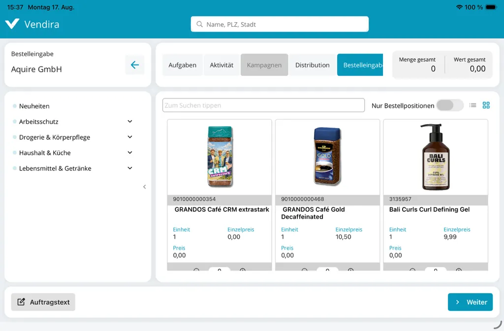 Bestelleingabe in Vendira: Produktkacheln mit Artikelnummer, Einheit und Preis, links die Sortimentsstruktur, oben die Summe der erfassten Positionen.