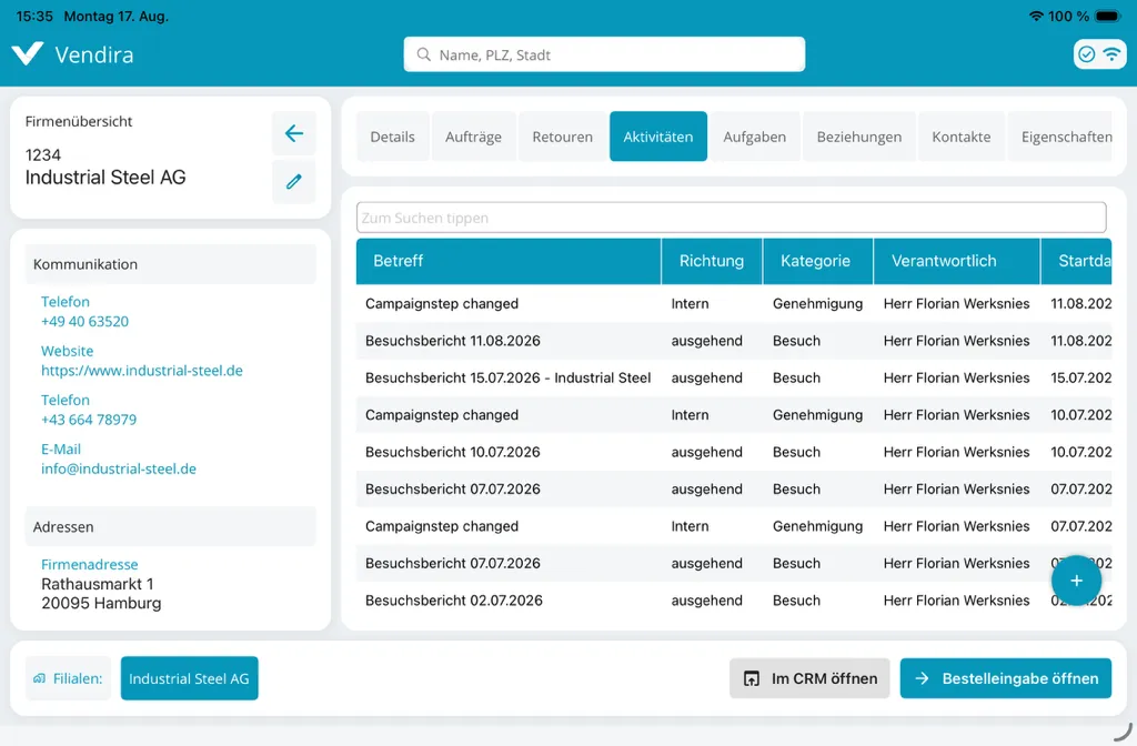 Firmenübersicht in Vendira: links Kommunikationsdaten und Adressen, rechts die Aktivitätenliste mit Besuchsberichten, darunter Schaltflächen zum Öffnen im CRM und zur Bestelleingabe.