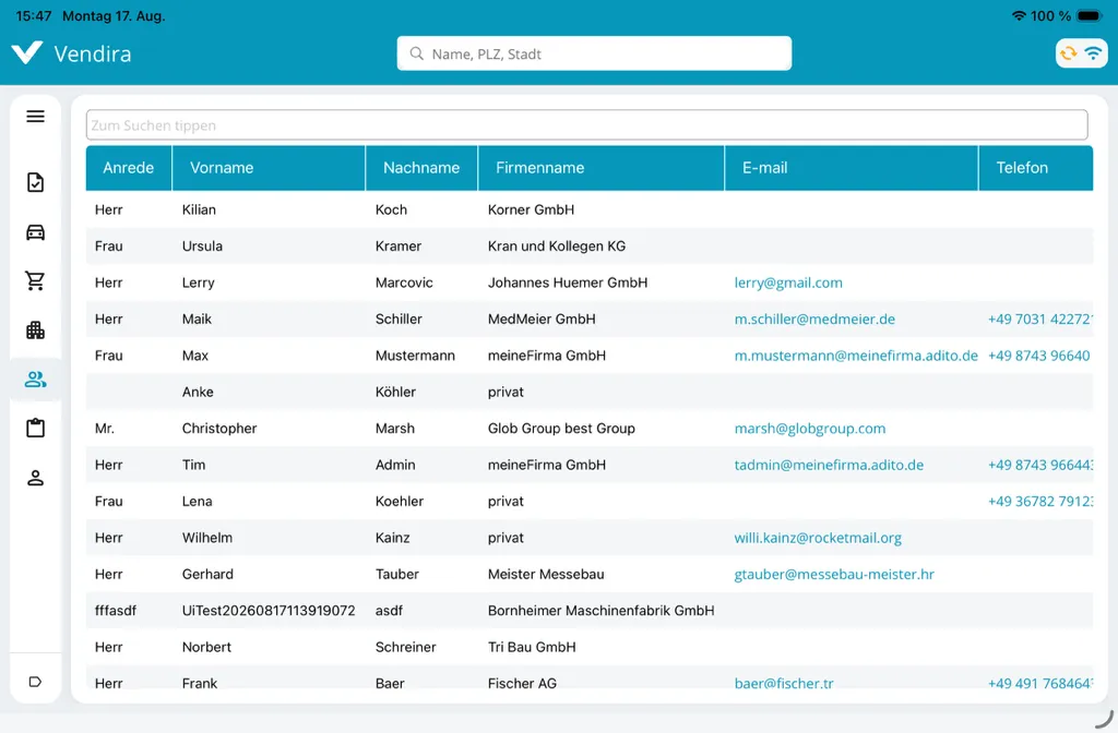 Kontaktliste in Vendira mit Anrede, Name, Firmenname, E-Mail-Adresse und Telefonnummer.